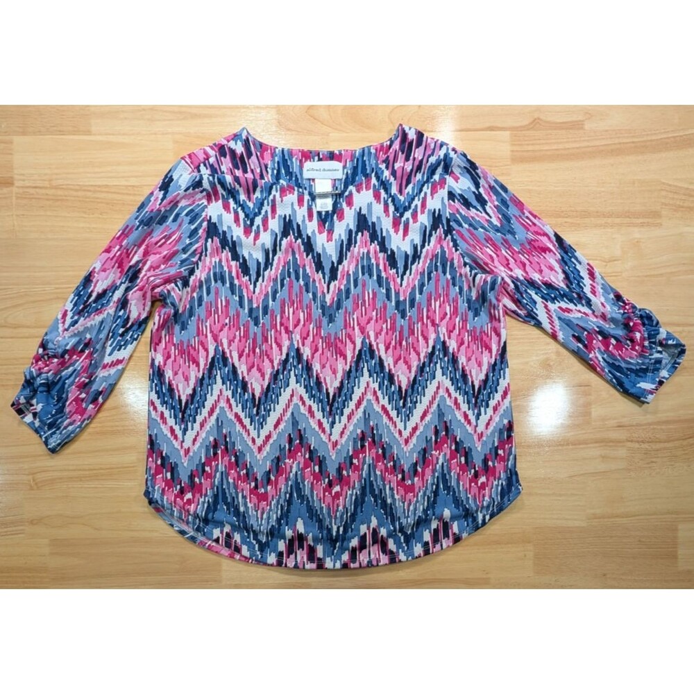 Alfred Dunner Top Womens M 3/4 Sleeve Chevron Ikat Pink Navy Blue Ruched Cuffs